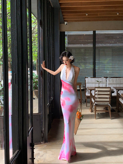White Open-Back Floral Print V-Neck Mermaid Dress