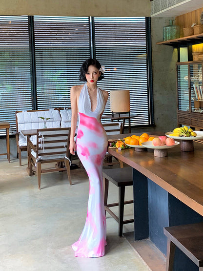 White Open-Back Floral Print V-Neck Mermaid Dress