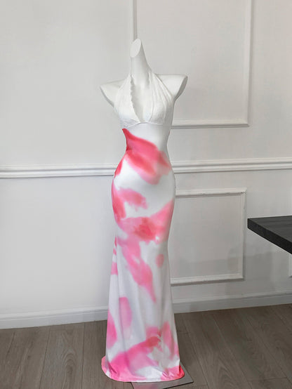 White Open-Back Floral Print V-Neck Mermaid Dress