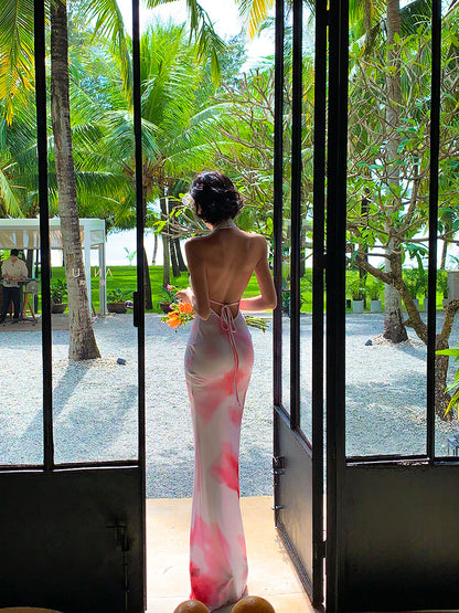 White Open-Back Floral Print V-Neck Mermaid Dress