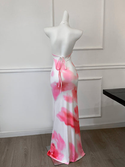 White Open-Back Floral Print V-Neck Mermaid Dress