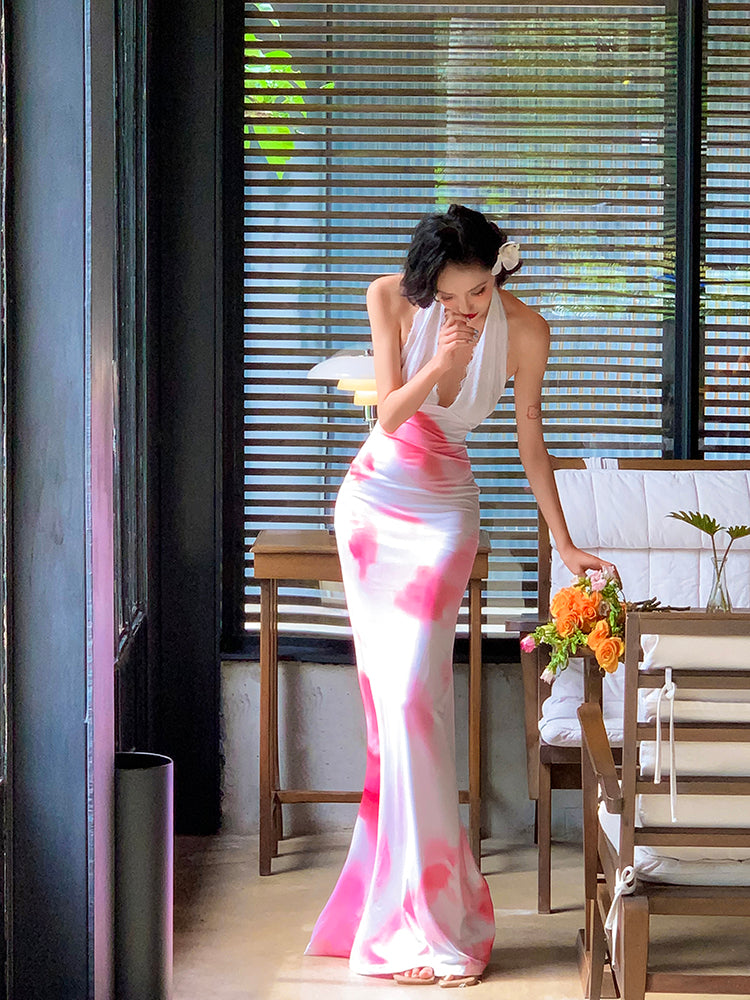 White Open-Back Floral Print V-Neck Mermaid Dress
