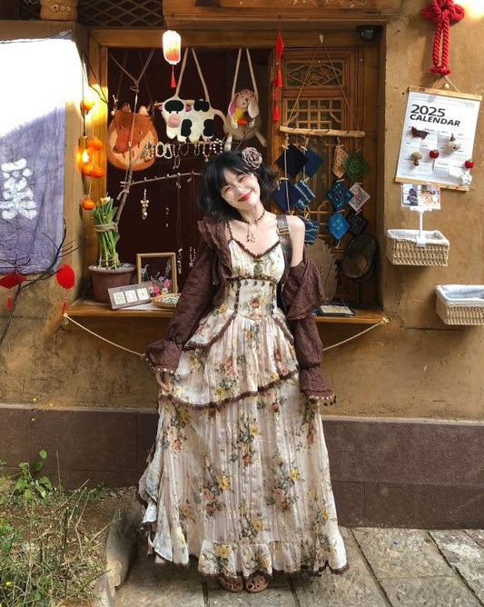 Wild Rose Bohemian Set Asymmetrical Cotton-Rayon Maxi Skirt + Flowy Cardigan Vintage style