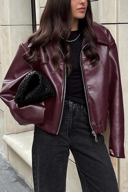 Wine Red Zip-up PU Jacket