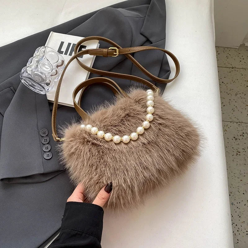 Winter Faux Fur Crossbody Pearl Chain Decor Handbag