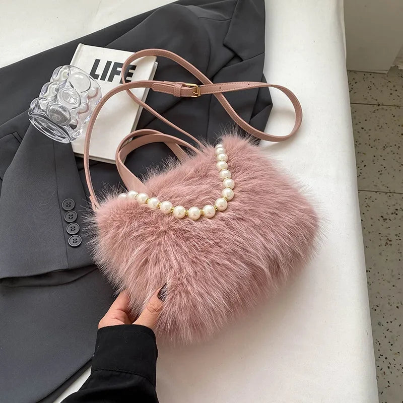 Winter Faux Fur Crossbody Pearl Chain Decor Handbag