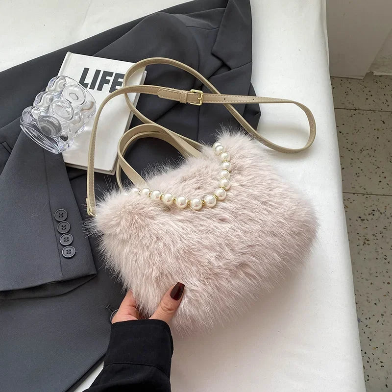 Winter Faux Fur Crossbody Pearl Chain Decor Handbag