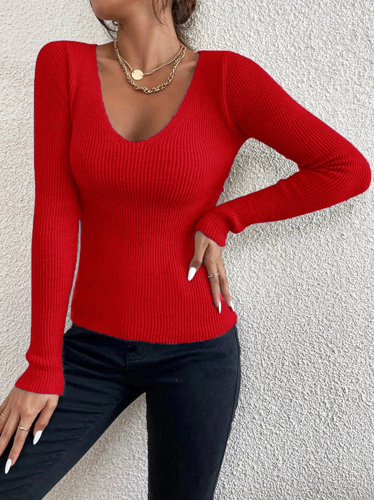 Rib Knit V-Neck Stripe Pullover Sweater Knit Top