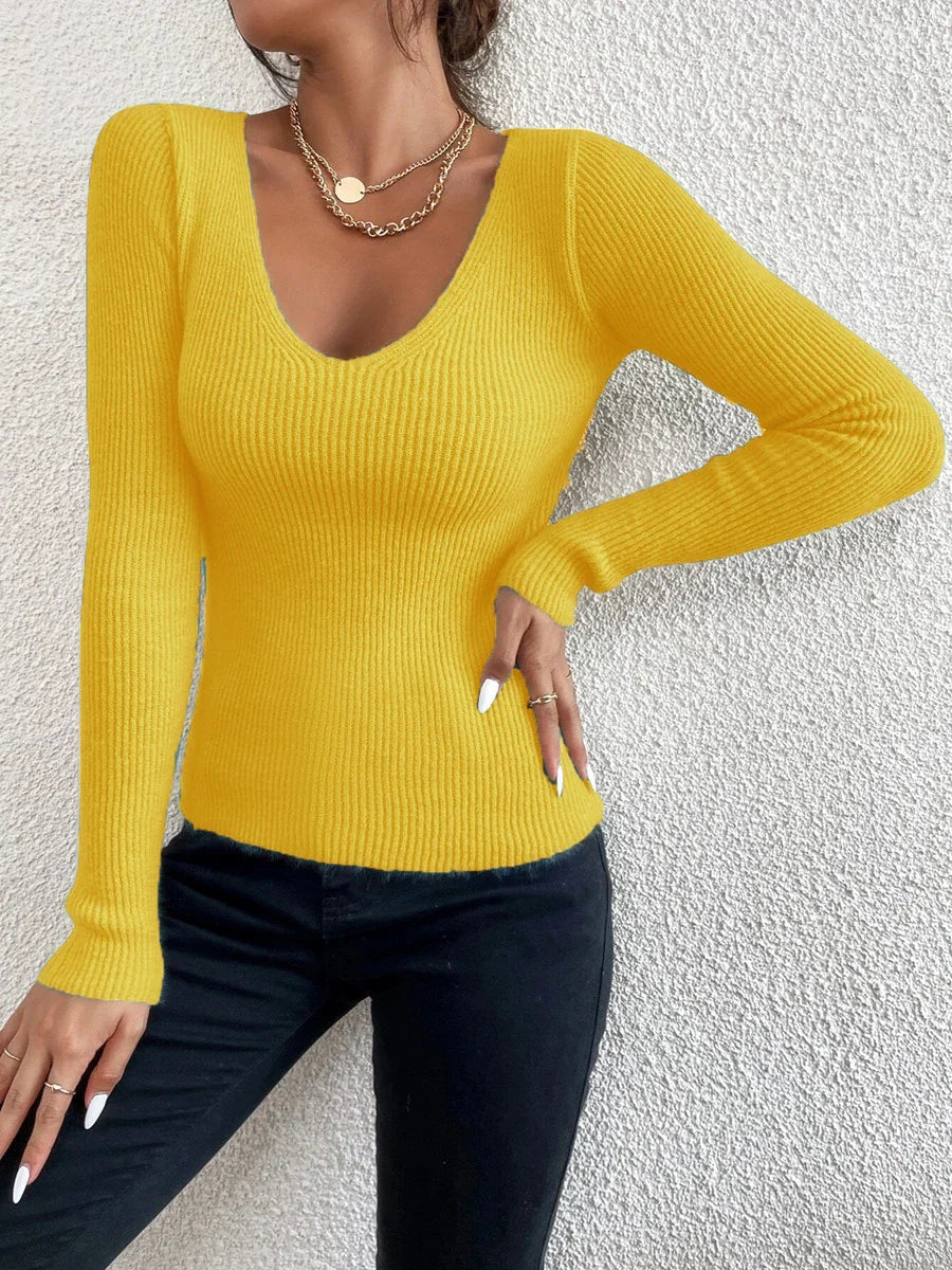 Rib Knit V-Neck Stripe Pullover Sweater Knit Top