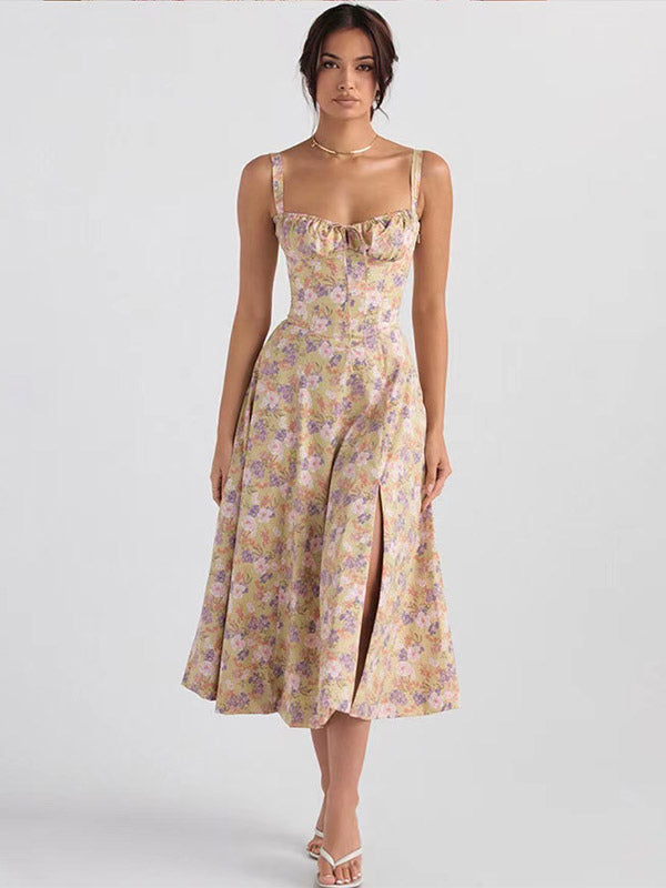 Floral Dress Midi Dress Dresses Floral Print High-slit Straps Neck Sleeveless Cottagecore Summer