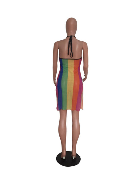 Halter High Neck Rainbow Stripe Mesh Bodycon Mini Dress