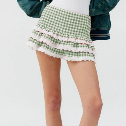 Plaid Layered Lace Zip Skirt