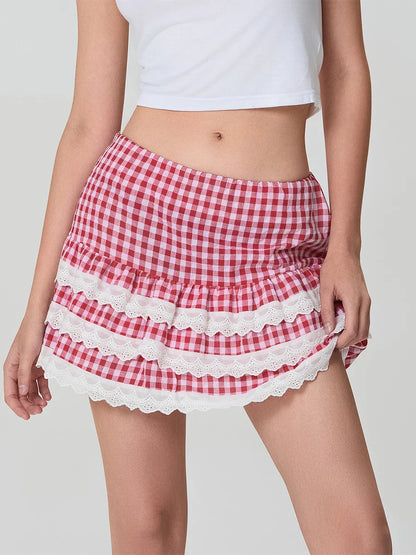 Plaid Layered Lace Zip Skirt