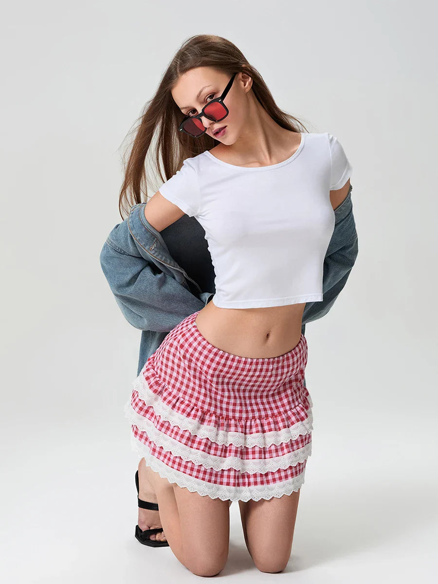 Plaid Layered Lace Zip Skirt