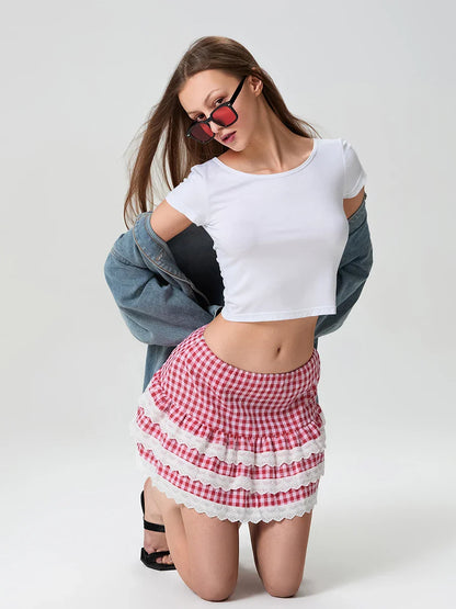 Plaid Layered Lace Zip Skirt
