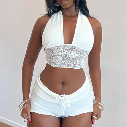 Backless Tie-Up Camis Lace Patchwork Halter Crop Top Mini Shorts Two Pieces Set