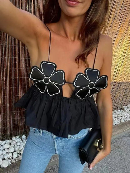 3D Flower Spaghetti Strap Backless Crop Top