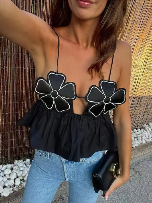 3D Flower Spaghetti Strap Backless Crop Top