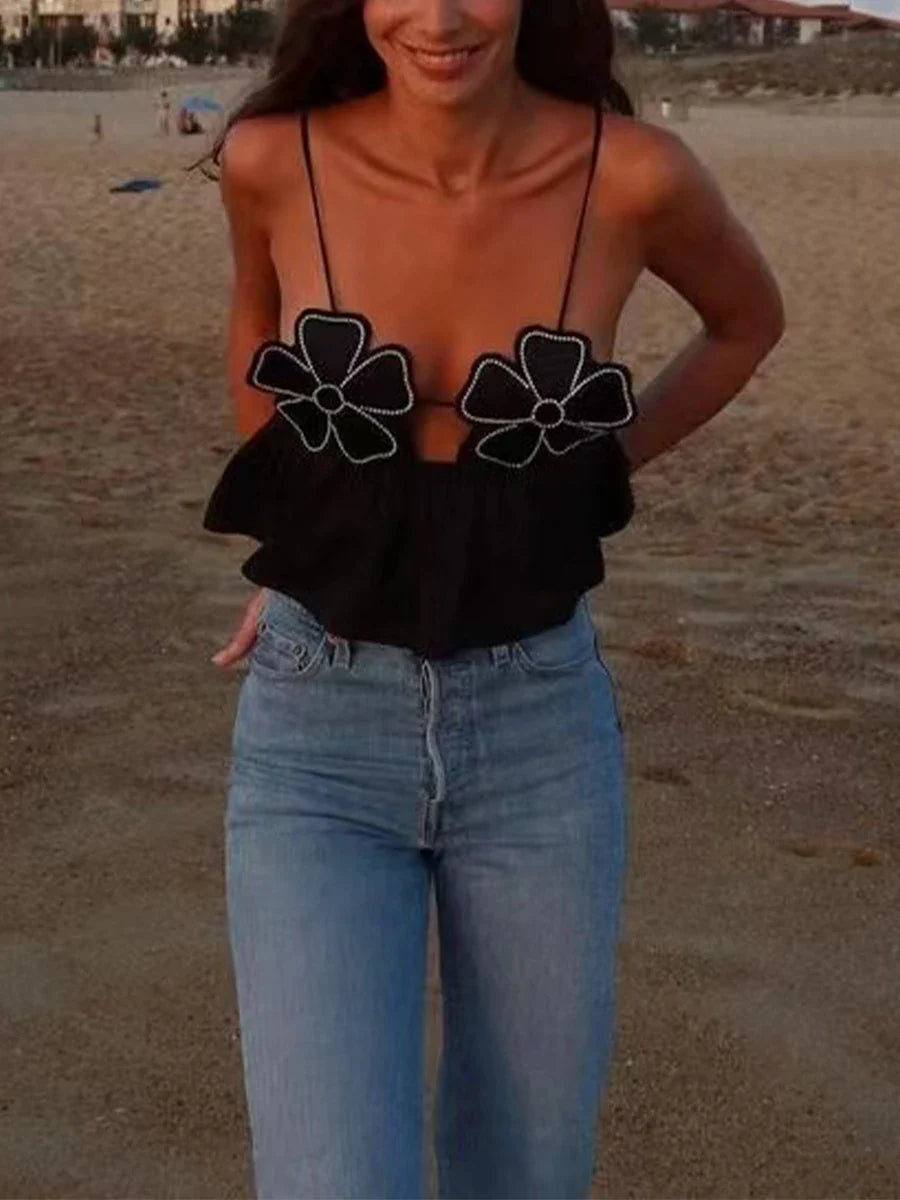 3D Flower Spaghetti Strap Backless Crop Top