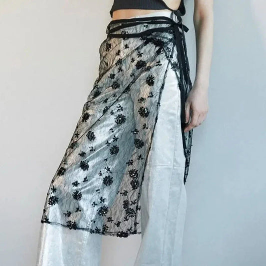 Aesthetic See Through Sequins Flower Lace Long Apron Skirt