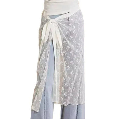Aesthetic See Through Sequins Flower Lace Long Apron Skirt
