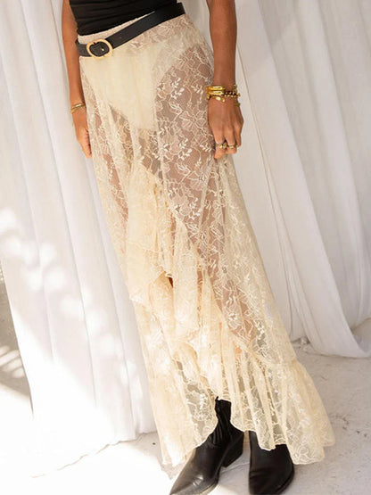 Asymmetrical Ruffle Lace Bodycon Summer Beach Y2K Long Skirt