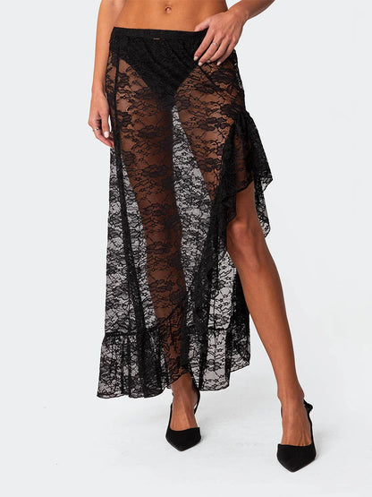 Asymmetrical Ruffle Lace Bodycon Summer Beach Y2K Long Skirt