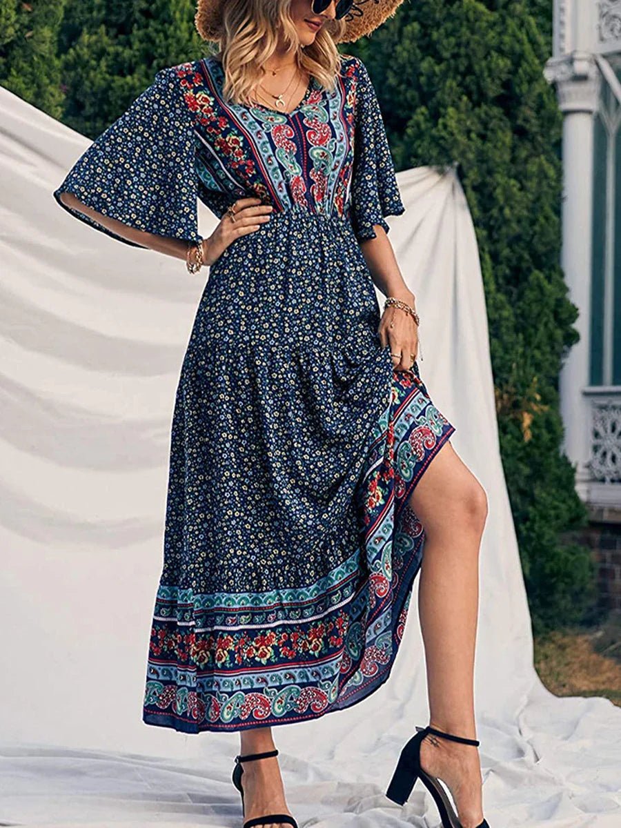 Retro Floral Print V-neck Boho Sundress