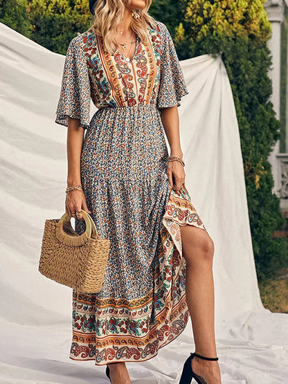 Retro Floral Print V-neck Boho Sundress