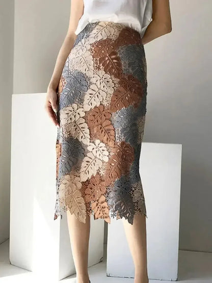 Brown Lace Midi Pencil Skirt Bi-material Zipper Long Floral Skirt