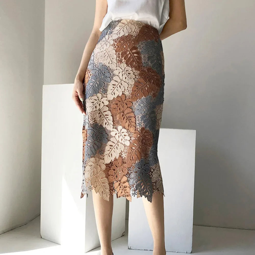 Brown Lace Midi Pencil Skirt Bi-material Zipper Long Floral Skirt