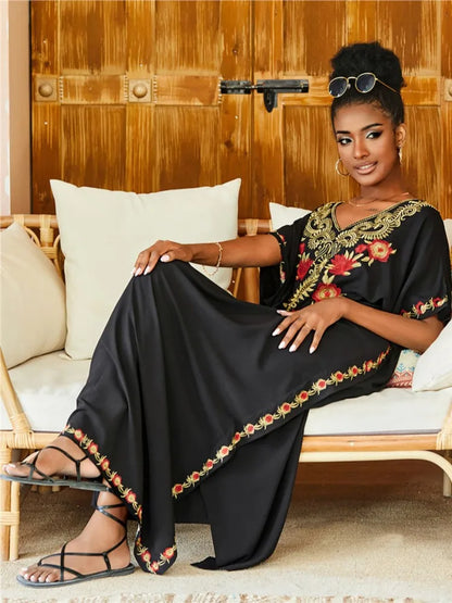 Embroidered Kaftan Beach Vacation Floral Dress