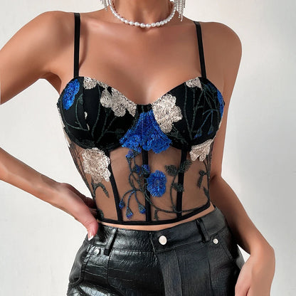 Embroidery Mesh Tank Top Sexy Slim Bustier