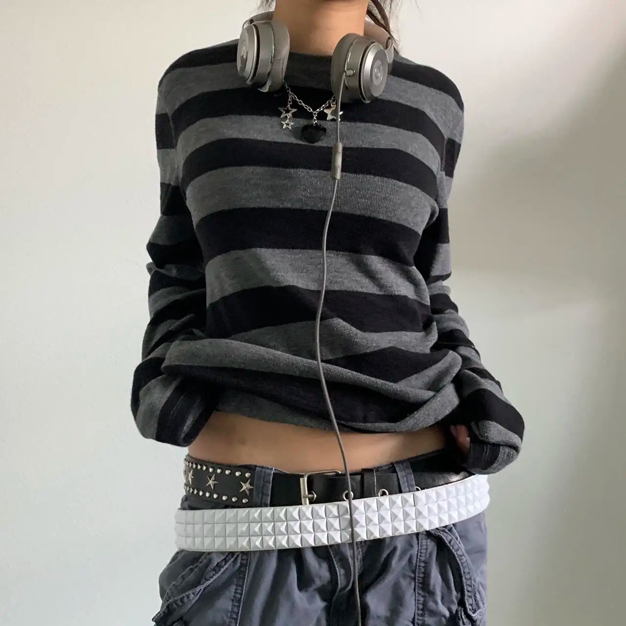 Fairy Grunge Knit Oversized Striped Long Sleeve Crewneck Knit Top