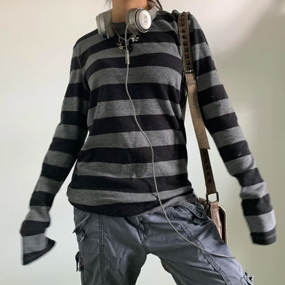 Fairy Grunge Knit Oversized Striped Long Sleeve Crewneck Knit Top