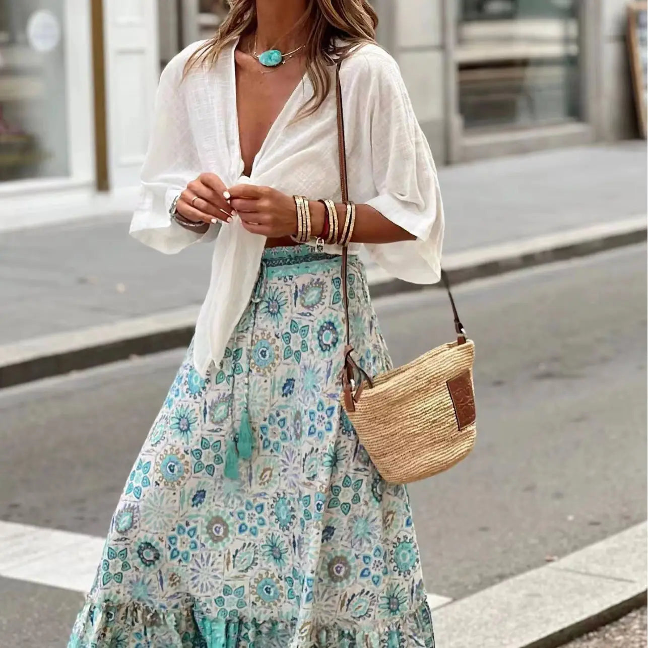 Fashion Floral Folds Bohemian Elastic High Waist Skirt