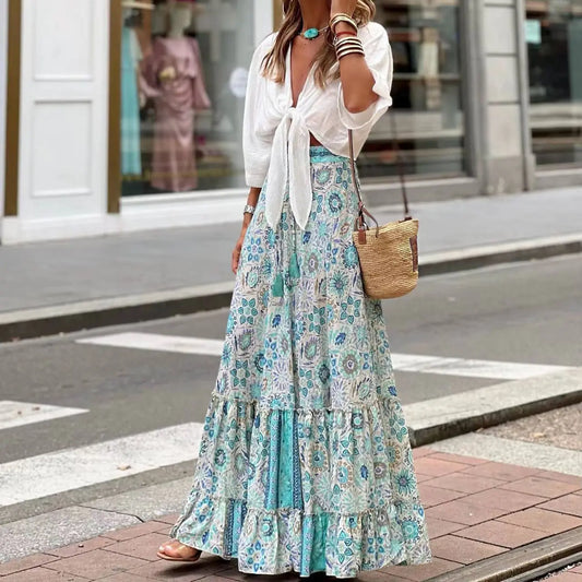 Fashion Floral Folds Bohemian Elastic High Waist Skirt