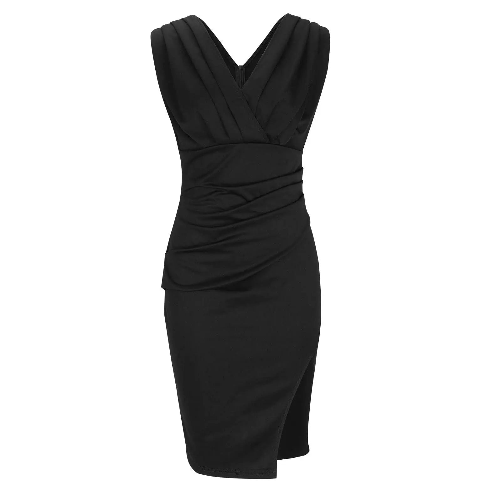 Deep V-Neck Ruched Pleat Sleeveless Bodycon Side Slit Midi Dress