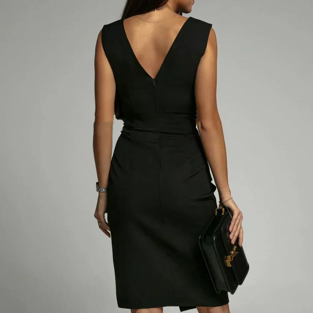 Deep V-Neck Ruched Pleat Sleeveless Bodycon Side Slit Midi Dress