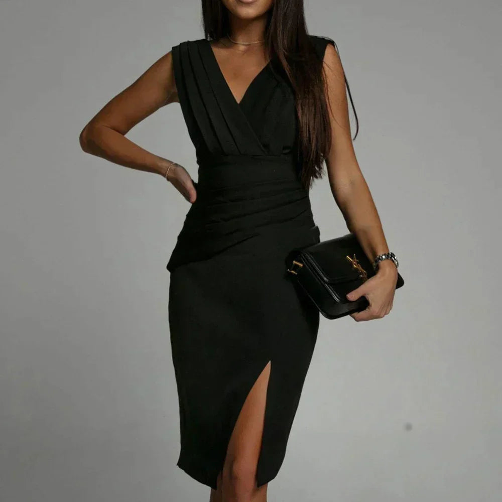 Deep V-Neck Ruched Pleat Sleeveless Bodycon Side Slit Midi Dress