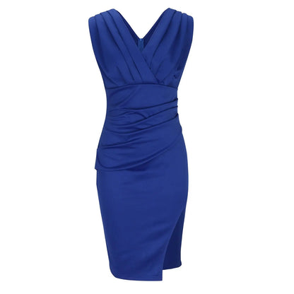 Deep V-Neck Ruched Pleat Sleeveless Bodycon Side Slit Midi Dress