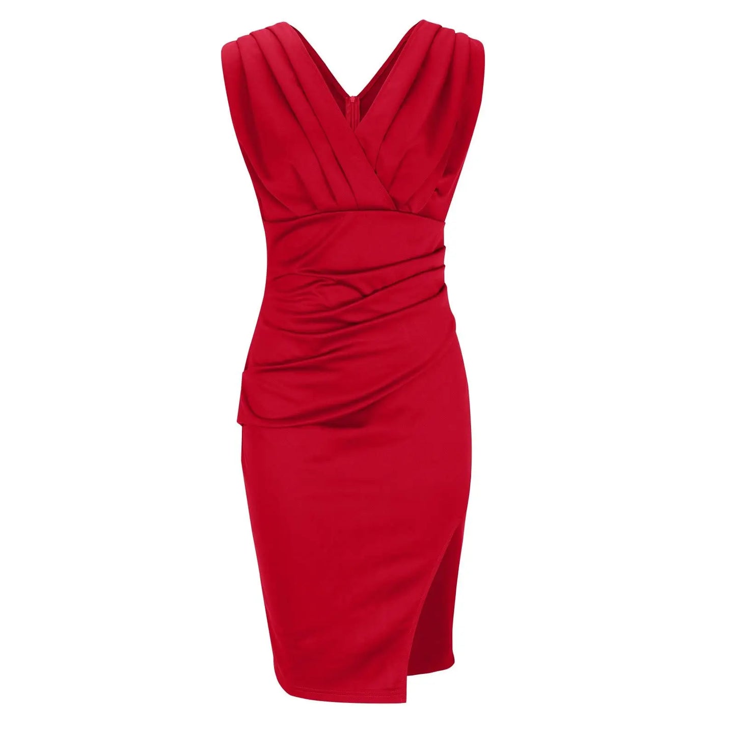 Deep V-Neck Ruched Pleat Sleeveless Bodycon Side Slit Midi Dress