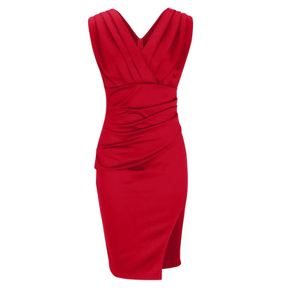 Deep V-Neck Ruched Pleat Sleeveless Bodycon Side Slit Midi Dress