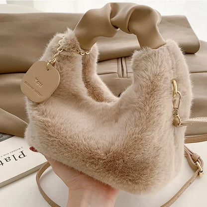 Faux Fur Plush Ruched Handle Crossbody Handbag