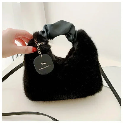 Faux Fur Plush Ruched Handle Crossbody Handbag