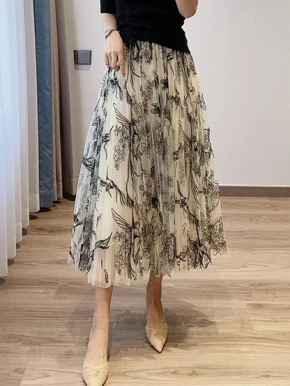 Flocking Flower Bird Tulle Gauze Elastic Waist Midi Skirt