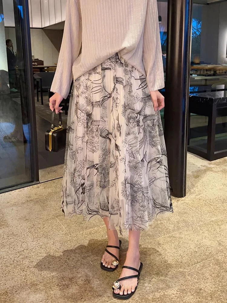 Flocking Flower Bird Tulle Gauze Elastic Waist Midi Skirt