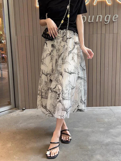 Flocking Flower Bird Tulle Gauze Elastic Waist Midi Skirt
