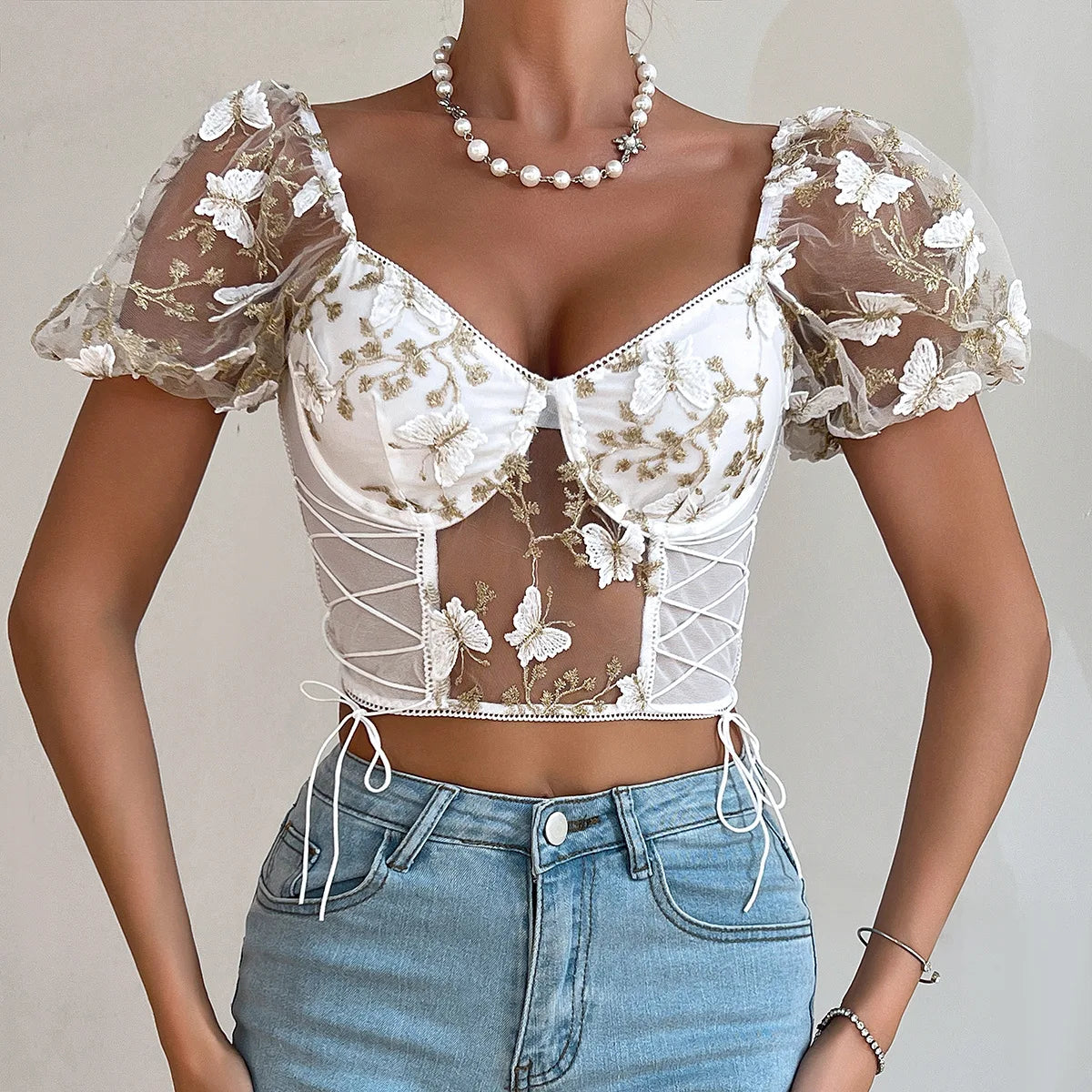 Butterfly Embroidered Mesh Puff Sleeve Lace-up Corset Top