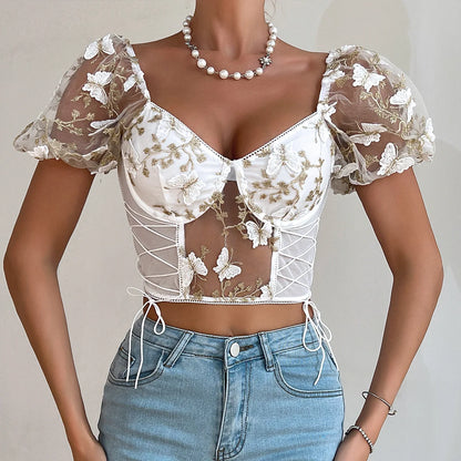 Butterfly Embroidered Mesh Puff Sleeve Lace-up Corset Top